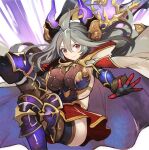  1girl ahoge armor armpits axe black_legwear blush breastplate breasts cloak draph granblue_fantasy greaves grey_hair hair_between_eyes horns large_breasts long_hair looking_at_viewer pupps red_eyes red_skirt skirt smile solo thalatha_(granblue_fantasy) thighhighs thighs very_long_hair weapon white_cloak 