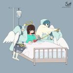  4girls angel angel_wings bag bangs bed bed_sheet blue_hair book brown_hair clothing_request dress gown halo intravenous_drip measuring mimi_n multiple_girls number original patreon_username reading short_hair simple_background tag tagme tape_measure watermark web_address wings 