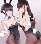  2girls animal_ears ass bangs black_hair blue_eyes blue_hair blue_neckwear blunt_bangs bob_cut bottle bow bowtie breasts brown_eyes bunny_ears bunny_tail cleavage commentary_request cowboy_shot detached_collar eyebrows_visible_through_hair gradient gradient_background grey_background long_hair lotion lotion_bottle lube medium_breasts mizukamakiri multicolored_hair multiple_girls napkin original pantyhose playboy_bunny red_hair red_neckwear short_hair streaked_hair tail taser twitter_username wrist_cuffs 