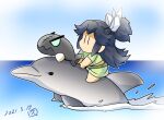  1girl abyssal_ship black_hair blue_sky chibi commentary_request dated dolphin green_eyes hisahiko i-class_destroyer japanese_clothes kantai_collection katsuragi_(kancolle) ocean ponytail riding scar scar_on_face sky translation_request younger 