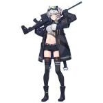  1girl arm_up belt black_coat black_footwear black_gloves black_legwear black_shorts boots breasts brown_legwear chukavin_svch closed_mouth coat collared_shirt crop_top expressionless fanny_pack fingerless_gloves full_body girls_frontline gloves goggles goggles_on_head green_eyes gun hand_up headphones headphones_around_neck highres holding holding_gun holding_weapon long_sleeves looking_at_viewer medium_breasts midriff multiple_straps nagu navel official_art open_clothes open_coat rifle scope shirt short_hair short_over_long_sleeves short_shorts short_sleeves shorts silver_hair sniper_rifle solo standing stomach svch_(girls_frontline) thighhighs thighs transparent_background weapon white_shirt 