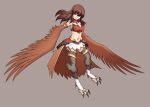  1girl armlet breasts brown_hair digitigrade eyebrows_visible_through_hair faulds feathered_wings fei_(ercan_dinler17) frills full_body harpy highres jewelry large_breasts long_hair looking_at_viewer midriff monster_girl navel necklace original red_eyes signature simple_background solo talons thighlet wing_ears winged_arms wings 