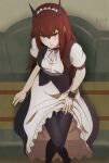  1girl alternate_legwear apron apron_lift bangs belt belt_buckle black_legwear black_skirt blue_eyes blush brown_hair buckle dated dress_shirt from_below hair_between_eyes highres long_hair long_skirt looking_at_viewer maid_headdress makise_kurisu neck_ribbon open_mouth red_ribbon ribbon shiny shiny_hair shirt short_sleeves sitting skirt skirt_lift solo steins;gate tayutau0a0 thighhighs very_long_hair waist_apron white_apron white_shirt 