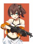  1girl apex_legends assault_rifle bangs blue_eyes brown_hair collarbone commentary_request eyebrows_visible_through_hair gun hair_behind_ear hair_between_eyes highres holding holding_gun holding_weapon hololive midriff natsuiro_matsuri navel nyxview off_shoulder rifle sailor_collar side_ponytail skirt solo virtual_youtuber vk-47_flatline weapon white_skirt 