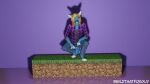  3d_(artwork) anthro benji_silver benjithatfoxguy blonde_hair blue_body blue_fur bottomwear canid canine clothing denim denim_clothing digital_media_(artwork) fox fur hair jeans kneeling looking_at_viewer male mammal minecraft pants pose purple_background reflections shadow signature simple_background video_games 