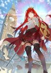  bird blue_eyes boots boudica_(fate) breasts chariot cloud cloudy_sky crown elizabeth_tower fate/grand_order fate_(series) highres horse kazeto long_hair red_hair shield skirt sky sword thigh_boots thighhighs tree weapon 