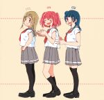  &gt;:p 3girls ^_^ bangs black_footwear blue_hair breasts brown_hair calf_socks closed_eyes eyebrows_visible_through_hair fang flat_chest furrowed_eyebrows hair_bun hand_on_hip height_chart height_difference hover_hand kunikida_hanamaru kurosawa_ruby large_breasts long_hair looking_at_viewer love_live! love_live!_sunshine!! multiple_girls necktie pantyhose pink_eyes red_hair red_neckwear school_uniform short_hair short_sleeves short_twintails sidelocks simple_background small_breasts smile thighhighs tsushima_yoshiko twintails uranohoshi_school_uniform white_(waterwhite) yellow_eyes 