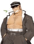  1boy abs alternate_costume bandaid bandaid_on_cheek bara bare_pecs belt blush brown_hair chest_hair cowboy_shot facial_hair goatee gomtang grey_pants grin hands_in_pockets hat jacket kengo_(tokyo_houkago_summoners) large_pectorals long_sideburns looking_at_viewer male_focus mature_male mint muscular muscular_male nipples open_clothes open_jacket pants police_hat short_hair sideburns smile solo stubble thick_eyebrows tokyo_houkago_summoners 