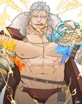  1boy :q abs armor bara bare_pecs briefs brown_cape brown_male_underwear bulge cape character_request cowboy_shot erection erection_under_clothes facial_hair fiery_hair fire fur-trimmed_cape fur_trim goatee gomtang heterochromia horns ice large_pectorals lightning_bolt long_sideburns looking_at_viewer male_focus male_underwear mature_male muscular muscular_male navel navel_hair nipples pauldrons short_hair shoulder_armor sideburns silver_hair solo stomach thick_eyebrows thick_thighs thighs tokyo_houkago_summoners tongue tongue_out underwear 