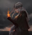  1girl artist_name bangs braid breasts brown_capelet brown_gloves capelet cloak cloud cloudy_sky commentary_request dark_souls_iii elbow_gloves fire fire_keeper flame gloves grey_hair hand_up holding_flame jiro_(ninetysix) long_braid long_hair medium_breasts outdoors parted_lips profile shiny shiny_skin signature sky solo souls_(from_software) 