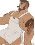  1boy alternate_costume apron arm_hair arm_tattoo bara bare_pecs beard black_hair bulge cigar cyphers damian_doyle_(cyphers) dark_skin dark_skinned_male facial_hair feet_out_of_frame flat_color gomtang large_pectorals leg_hair male_focus mature_male mohawk muscular muscular_male naked_apron nipples overalls short_hair solo tattoo thick_thighs thighs white_apron 