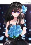  1girl absurdres bare_shoulders black_dress black_gloves black_hair blue_eyes blue_flower blue_petals blue_ribbon blue_rose blush bouquet breasts character_name collarbone commentary_request dated dress earrings flower gloves hair_between_eyes hair_flower hair_ornament hair_ribbon happy_birthday highres holding holding_bouquet idolmaster idolmaster_cinderella_girls idolmaster_cinderella_girls_starlight_stage jewelry medium_breasts necklace petals ribbon rose sagisawa_fumika sekia998 sleeveless sleeveless_dress smile solo strapless strapless_dress tiara 