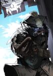  1other ambiguous_gender apex_legends bloodhound_(apex_legends) brown_gloves brown_jacket cable cloud commentary_request fur_trim gas_mask gloves goggles helmet highres jacket looking_down mask mouth_mask open_hand sky solo western_osakabe 
