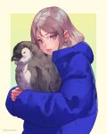  1girl animal animal_hug baby_penguin bangs blue_eyes brown_hair check_copyright closed_mouth copyright_request from_side highres holding holding_animal hood hood_down hug jacket jiro_(ninetysix) lips long_hair long_sleeves looking_at_viewer looking_to_the_side original puffy_sleeves purple_eyes solo twitter_username upper_body white_background yellow_background 