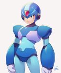  1boy absurdres android armor arms_at_sides artist_name blue_bodysuit blue_headwear bodysuit clenched_hands closed_mouth commentary_request cowboy_shot dated green_eyes grey_background helmet highres looking_to_the_side male_focus rockman rockman_x serious simple_background solo standing twitter_username x_(rockman) zero-go 