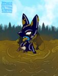  absurd_res anthro baconfetish&#039;ntomato blue_body blue_fur canid canine clothed clothing covered_in_scat digital_media_(artwork) eating_feces eye_roll feces forest forest_background fur hi_res lucario male mammal nature nature_background nintendo open_mouth outside plant pok&eacute;mon pok&eacute;mon_(species) red_eyes rubber rubber_suit scat solo tree video_games 