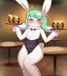 2020 amber_eyes anthro beverage blush bodily_fluids breasts clothing female flat_chested flying_sweatdrops green_hair hair hi_res holding_beverage holding_object inside lagomorph leotard leporid looking_at_viewer mammal obikuragetyan rabbit smile solo sweat sweatdrop white_body 