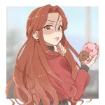  annoyed bag_charm black_sweater blurry blurry_background border brown_eyes brown_hair charm_(object) chocolate_doughnut depth_of_field doughnut earrings floating_hair food forehead hair_intakes half_updo highres hoop_earrings idolmaster idolmaster_cinderella_girls jacket jewelry lipstick long_hair looking_at_viewer looking_back makeup open_mouth outdoors outside_border parted_lips red_jacket red_lips ribbed_sweater rn10r shaded_face sparkle stuffed_animal stuffed_pig stuffed_toy sweater turtleneck turtleneck_sweater uneven_eyes upper_body v-shaped_eyebrows white_border zaizen_tokiko 
