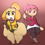  2018 absurd_res animal_crossing anthro big_butt breasts butt canid canine canis clothing domestic_dog duo female footwear hair hi_res human isabelle_(animal_crossing) mammal nintendo pink_hair royaloppai shirt shoes simple_background spanking thick_thighs topwear video_games villager_(animal_crossing) wide_hips yellow_body 