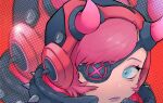  1girl apex_legends blue_eyes close-up cyber_punked_wattson eyebrows_behind_hair eyepatch ham_(hamhampy) highres hood horns lipstick looking_to_the_side makeup pink_hair purple_lips solo spiked_hood spikes upper_body wattson_(apex_legends) zoom_layer 