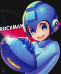  1boy :d absurdres android arm_cannon artist_name black_background blue_bodysuit blue_eyes blue_headwear bodysuit character_name commentary copyright_name dated glint hand_on_own_arm happy helmet highres looking_at_viewer male_focus open_mouth rockman rockman_(character) rockman_(classic) smile solo twitter_username upper_body upper_teeth weapon zero-go 
