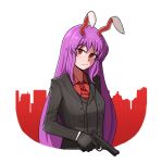  1girl animal_ears black_gloves black_vest bunny_ears cityscape collared_shirt english_commentary formal gloves gun handgun highres jacket long_hair looking_at_viewer mata_(matasoup) necktie open_clothes open_jacket purple_hair red_eyes red_neckwear red_shirt reisen_udongein_inaba shirt silhouette simple_background solo suit touhou vest weapon 