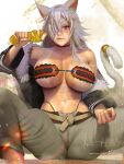  1girl animal_ears belt bikini black_bikini bread breasts cat_ears eating eyepatch food ghislaine_dedoldia holding holding_food jacket large_breasts long_hair midriff muscular muscular_female mushoku_tensei pants red_eyes scar scar_on_stomach sitting strapless strapless_bikini swimsuit tail tan tanline teemu_rasinkangas underboob 