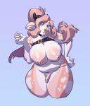  absurd_res anthro areola balls belt big_breasts biped bovid bovine breasts cattle flaccid fur genitals gynomorph hair hand_on_hip hi_res horn humanoid_genitalia intersex looking_at_viewer mammal nipples nude penis ponytail slightly_chubby solo takiminada thick_thighs tongue tongue_out wide_hips 