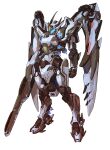  absurdres arm_cannon clenched_hand highres looking_down mecha mechanical_wings no_humans original science_fiction solo standing visor weapon white_background wings yang_youcai 
