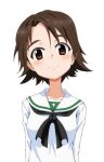  1girl bangs black_neckwear blouse brown_eyes brown_hair closed_mouth girls_und_panzer kayabakoro long_sleeves looking_at_viewer neckerchief ooarai_school_uniform parted_bangs sailor_collar sawa_azusa school_uniform serafuku short_hair simple_background smile solo upper_body white_background white_blouse white_sailor_collar 