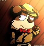  2021 anthro beagle bluey_(show) bottomless bow_tie brown_body brown_fur candy canid canine canis clothed clothing coat dessert detailed_background detective digital_media_(artwork) dipstick_limbs domestic_dog edwin_(oc) fedora floppy_ears food fur hat headgear headwear hi_res hunting_dog iopkluj123 lollipop looking_back male mammal multicolored_body multicolored_fur narrowed_eyes scent_hound signature solo topwear 