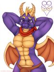  abs activision anthro anthrofied athletic athletic_anthro athletic_male bandanna biceps bulge clothed clothing dragon fangs hands_behind_head hi_res horn kerchief male membrane_(anatomy) membranous_wings muscular navel pecs pikuna purple_body purple_eyes purple_scales red_clothing scales scalie seductive simple_background smile solo speedo spyro spyro_the_dragon swimwear teeth thevgbear tongue topless video_games white_background wings yellow_body yellow_scales 
