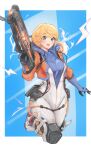  1girl absurdres airborne apex_legends backpack bag bangs blonde_hair blue_eyes bodysuit breasts cable electricity energy_gun eyebrows_visible_through_hair gun havoc_energy_rifle highres holding holding_gun holding_weapon hood hooded_jacket jacket jumping kanotype lichtenberg_figure medium_breasts open_hand open_mouth orange_jacket rifle scar scar_on_cheek scar_on_face shoes short_hair smile sneakers solo wattson_(apex_legends) weapon white_bodysuit 