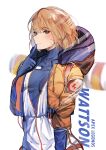  1girl absurdres apex_legends bangs blue_eyes bodysuit breasts character_name copyright_name eyebrows_visible_through_hair finger_to_mouth highres hood hooded_jacket jacket lichtenberg_figure looking_at_viewer medium_breasts medium_hair miyasaka_miyabi nose orange_jacket scar scar_on_face smile solo standing turtleneck wattson_(apex_legends) white_background white_bodysuit 