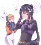  2girls alternate_hairstyle apex_legends bangs belt black_bodysuit black_gloves black_hair black_headwear black_scarf blunt_bangs blush bodysuit breasts brown_belt embarrassed eyebrows_behind_hair gloves hair_bun hands_on_own_head hands_together heart highres hood lichtenberg_figure looking_down looking_to_the_side medium_breasts multiple_girls open_mouth sa10yul scar scar_on_cheek scar_on_face scarf silver_eyes smile spoken_heart wattson_(apex_legends) white_bodysuit wraith_(apex_legends) yuri 