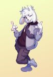  absurd_res anthro biped bottomwear bovid caprine clothing footwear fur hair hi_res hoodie horn jacket looking_at_viewer male mammal one_eye_closed pants shoes simple_background smile sneakers socks solo takiminada tongue tongue_out topwear 