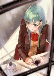  1girl absurdres aqua_hair bangs blazer breasts brown_jacket chair closed_mouth coffee coffee_pot cup from_above green_eyes hair_between_eyes hair_ornament hairclip highres jacket kantai_collection kumanoko long_hair long_sleeves red_neckwear sitting solo steam suzuya_(kancolle) sweater_vest window 