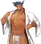  1boy abs bara bare_pecs blue_eyes blue_hair bulge chest_tattoo dark_skin dark_skinned_male facial_hair feet_out_of_frame fundoshi goatee gomtang japanese_clothes kimono large_pectorals loincloth long_hair male_focus mature_male muscular muscular_male navel navel_hair nipples open_clothes open_kimono original ponytail shark_(gomtang) sideburns sidecut sketch solo stomach tattoo thick_eyebrows thighs wet_male_underwear white_kimono white_male_underwear 
