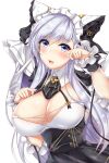  1girl :3 :d alternate_costume azur_lane bangs belfast_(azur_lane) blue_eyes blush breasts cheshire_(azur_lane) cheshire_(azur_lane)_(cosplay) cleavage commentary_request cosplay detached_collar eyebrows_visible_through_hair eyes_visible_through_hair hand_on_own_chest head_tilt highres large_breasts long_hair looking_at_viewer maid maid_headdress open_mouth oxfirecar paw_pose sidelocks silver_hair simple_background smile solo white_background wrist_cuffs 