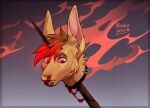  anthro blood bodily_fluids corpse death decapitation gore hair hi_res kolkolukija lagomorph leporid male mammal piercing rabbit red_eyes red_hair sky solo 