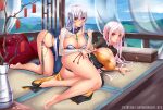  2girls asymmetrical_clothes bangs barefoot between_breasts blush breasts bridal_gauntlets china_dress chinese_clothes cleavage cleavage_cutout clothing_cutout dress hair_between_eyes hair_ornament heterochromia highres kneeling large_breasts long_hair looking_at_viewer lying midnight_(banyex) mole mole_on_breast multiple_girls on_side original pink_hair pointy_ears red_eyes silver_hair 