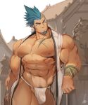  1boy abs arm_tattoo bara bare_pecs bare_shoulders blue_eyes blue_hair bulge chest_tattoo cowboy_shot facial_hair fundoshi goatee gomtang house jacket japanese_clothes large_pectorals leaning_to_the_side long_hair looking_to_the_side male_focus mature_male muscular muscular_male navel navel_hair nipples no_pants open_clothes open_jacket original ponytail shark_(gomtang) sideburns sidecut sleeveless solo stomach tattoo thick_eyebrows thick_thighs thighs veins white_male_underwear 