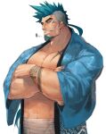  1boy abs bandages bara blue_eyes blue_hair chest_tattoo crossed_arms facial_hair goatee gomtang happi japanese_clothes large_pectorals long_hair looking_to_the_side male_cleavage male_focus mature_male muscular muscular_male navel navel_hair nipples original ponytail shark_(gomtang) sharp_teeth sideburns sidecut solo stomach tattoo teeth thick_eyebrows upper_body 