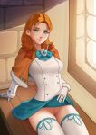  1girl annette_fantine_dominic blue_skirt breasts deilan12 desk fire_emblem fire_emblem:_three_houses green_eyes highres large_breasts long_sleeves looking_at_viewer on_desk pussy_peek red_hair sitting sitting_on_desk skirt skirt_lift smile solo 