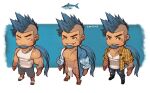  1boy abs alternate_costume bara bare_pecs blue_eyes blue_hair bulge chest_tattoo chibi closed_eyes denim expressions facial_hair full_body goatee gomtang happi japanese_clothes jeans kimono loincloth long_hair male_cleavage male_focus mature_male muscular muscular_male navel no_pants open_clothes open_kimono open_shirt original pants pectorals ponytail shark_(gomtang) sharp_teeth shirt sideburns sidecut sidepec smile tank_top tattoo teeth thick_eyebrows torn_clothes torn_pants white_tank_top yellow_shirt 