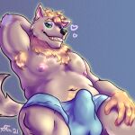  2021 anthro armpit_hair balls belly blush body_hair boxer_briefs bulge canid canine canis clothing colored digital_drawing_(artwork) digital_media_(artwork) erection fur genitals hair hi_res looking_at_viewer male mammal musclegut muscular muscular_anthro muscular_male navel nipples nude pecs presenting shaded shon_arts signature simple_background slightly_chubby smile solo underwear wolf 