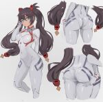 1girl absurdres ass ass_grab ass_support black_hair bodysuit breasts cosplay covered_navel english_commentary evangelion:_3.0+1.0_thrice_upon_a_time eyebrows_visible_through_hair genshin_impact grey_bodysuit hair_between_eyes highres long_hair looking_at_viewer medium_breasts miraihikariart mona_(genshin_impact) multiple_views neon_genesis_evangelion pilot_suit plugsuit rebuild_of_evangelion shikinami_asuka_langley shikinami_asuka_langley_(cosplay) skin_tight souryuu_asuka_langley twintails white_bodysuit 