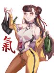  1girl absurdres bag bandages bangs bare_shoulders black_survival blunt_bangs blush bottle braid braided_bun brown_eyes brown_hair bruce_lee&#039;s_jumpsuit chinese_clothes colive collarbone contrapposto double_bun drawstring dudou hair_ribbon highres holding holding_bag holding_bottle jacket li_dailin lips long_hair long_sleeves looking_at_viewer midriff off_shoulder open_clothes open_jacket pants plastic_bag red_nails red_ribbon ribbon simple_background sleeveless solo very_long_hair white_background yellow_jacket yellow_pants yellow_ribbon 