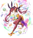  1girl animal_ears armpits bangs bunny_ears choker egg fake_animal_ears fire_emblem fire_emblem_awakening fire_emblem_heroes flower gloves hair_ornament high_heels highres holding kaya8 leg_up leotard long_hair looking_at_viewer looking_away official_art open_mouth pantyhose petals red_eyes red_hair see-through severa_(fire_emblem) shiny shiny_hair sleeveless smile solo strapless strapless_leotard tied_hair transparent_background twintails 