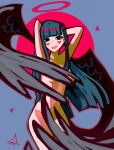  1girl andaerz arms_up bangs black_eyes black_wings blue_hair blunt_bangs blush_stickers completely_nude dancing english_commentary halo heart highres long_hair me!me!me! nude original simple_background solo two-tone_background upper_teeth wing_censor wings 